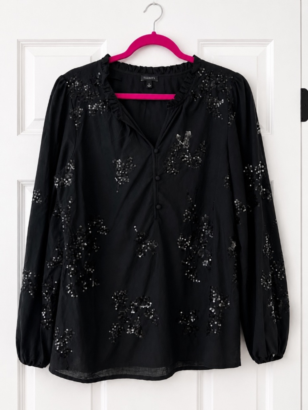 Talbots Black Sequin Floral Blouse Size L Holiday Party Top